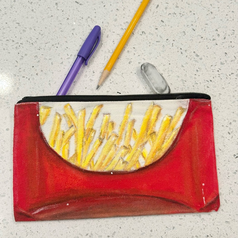French Fry Pencil Case Beauty/Stationary Bag Handmade Acrylic Paints 7 1/2”L x 5